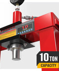Close-up of red 10 Ton Hydraulic Shop Press with Pressure Gauge and Press Plates, H Frame Benchtop Design, showing 10 Ton capacity.