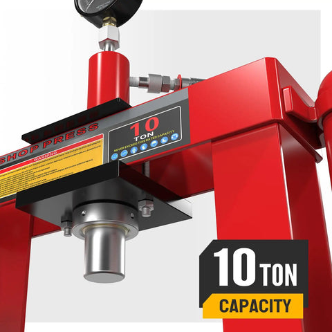 Close-up of red 10 Ton Hydraulic Shop Press with Pressure Gauge and Press Plates, H Frame Benchtop Design, showing 10 Ton capacity.