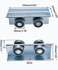 Heavy Duty 4 Wheel Unistrut Trolley Assembly For Barn And Shed Sliding Doors, Compatible With 1 And 5 Eighths Inch Wide Or Taller Strut Channel, Galvanized Steel For Durability And Corrosion Resistance, High Load Bearing Roller Kit, 4 Packs - top and side view dimensions showing galvanized steel wheels and brackets.