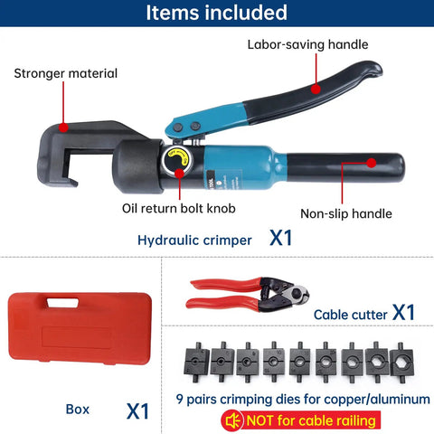 Heavy Duty Hydraulic Wire Terminal Crimper Swager Kit With 9 Die Pairs For Battery Cable Lug Crimping Delivers Up To 45KN Crimp Power For 4-70 Mm2 Copper And Aluminum Wires Stainless Steel Cable Cutter CT11 items included