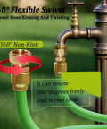 Two Pack 3/4 Inch Garden Hose Swivel Fittings, 360 Degree Male To Female Hose Adapter, No Leak Design With Four Washers And Tape, Easy Connect, Prevents Kinks, Durable Outdoor Watering Connector. Brass hose swivel fitting on garden faucet with 360° rotation