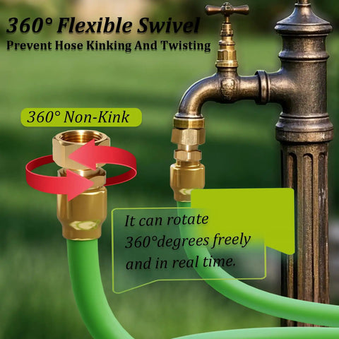 Two Pack 3/4 Inch Garden Hose Swivel Fittings, 360 Degree Male To Female Hose Adapter, No Leak Design With Four Washers And Tape, Easy Connect, Prevents Kinks, Durable Outdoor Watering Connector. Brass hose swivel fitting on garden faucet with 360° rotation