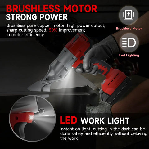 Cordless Metal Shear 18V Battery Brushless Electric Cutter for cutting stainless steel sheet metal with LED work light in use.