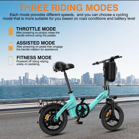 Folding Electric Bike For Adults And Teens With 400W Motor UL Certified Commuter Ebike 23 MPH Top Speed And 25 Mile Range 36V 10Ah Battery Dual Disc Brakes Compact Portable And Easy To Fold, showing three riding modes