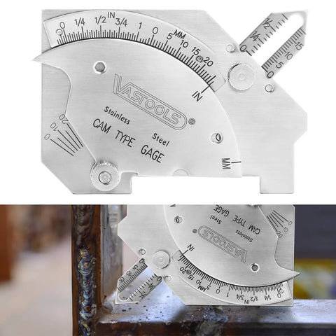 VASTOOLS cam weld gauge, stainless steel, metric/inch scales up to 2 in (50 mm), front view.