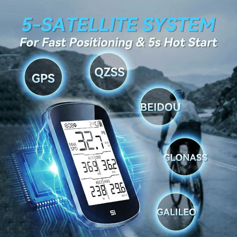 Entry Level GPS Bike Computer With Wireless Connectivity Laminated Two Point Eight Inch Screen showing satellite systems
