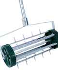 Rolling Lawn Aerator With 39 Iron Spikes And 58 Inch Handle, steel frame and roller shown, designed to loosen compacted soil