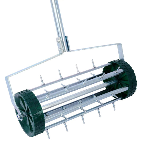 Rolling Lawn Aerator With 39 Iron Spikes And 58 Inch Handle, steel frame and roller shown, designed to loosen compacted soil