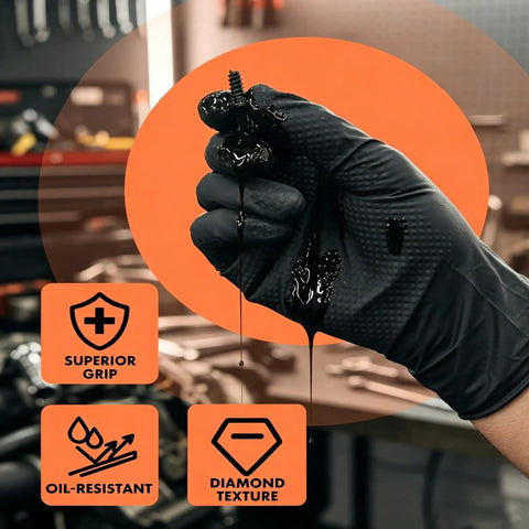 Thick 8 Mil Black Nitrile Gloves Heavy Duty Disposable Work Gear With Serious Diamond Grip Touchscreen Ready Oil Water Resistant All Day Flex Pack Of 100 Large Size holding a dripping oily screw.