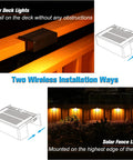 12 Pack Dope Solar Deck Lights Outdoor Waterproof Color Changing RGB Wall Fence Lights For Deck Railing Stair Steps And Backyard With Warm White And 8 Color Modes showing installation methods on deck and fence.