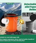 Universal 5 Gallon Bucket Toilet Seat With Pillowy Comfort And Snug Lid Trails Ready setup with toilet paper holder in outdoor setting.