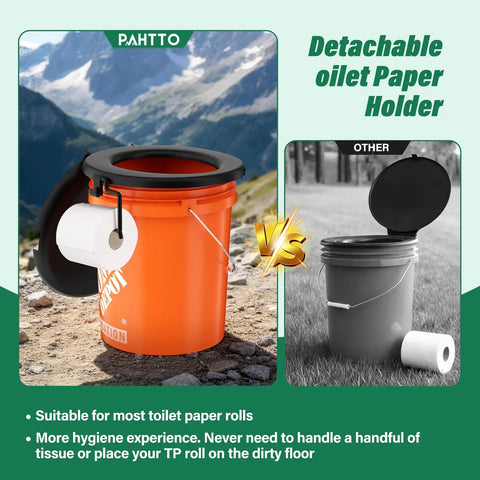 Universal 5 Gallon Bucket Toilet Seat With Pillowy Comfort And Snug Lid Trails Ready setup with toilet paper holder in outdoor setting.