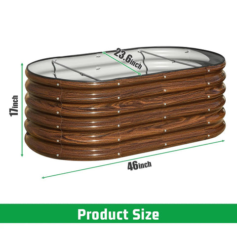 Three Piece Open Base Galvanized Metal Raised Garden Bed Kit For Veggies And Fruits Oval Planter Box With Safety Rubber Edging Outdoor Backyard Garden Bed For Planting 46 Inch Long By 24 Inch Wide By 17 Inch Tall, shown with dimensions.