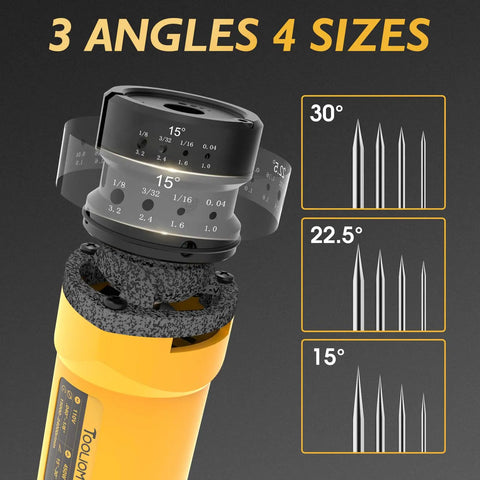 110V TIG Tungsten Electrode Sharpener With Dust Shield 4 Size Options And 3 Angles Handheld Tungsten Grinder showing size and angle options
