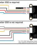 Wiring diagram for Ultra Light 40CH FPV Transmitter with 20x20mm mount and adjustable 25-600mW VTX for high-speed RC races.
