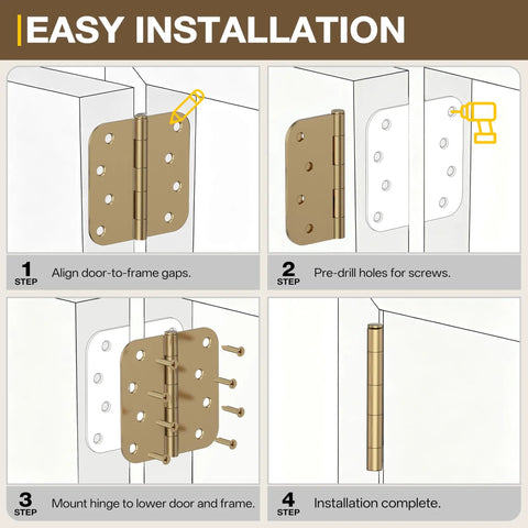 Easy installation guide for Rock Solid Heavy Duty Door Hinges Hit Four Inches Wide With Rounded Corners And A Slick Champagne Bronze Finish.