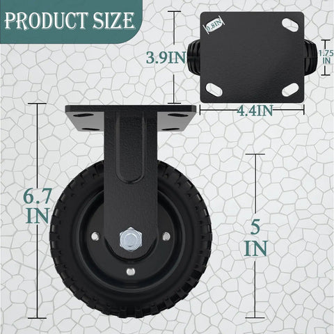 Badass Heavy Duty Caster Wheels Set Features Two Swivel Brakes And Two Rigid Pads, shown with dimensions 5 in wheel size.
