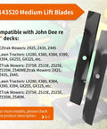 Mower Blades 19 Inch High Lift Replacement 3 Pack For John Deere 54 Inch Deck Models Z445 Z425 Z435 LX280 X340 displayed on tractor