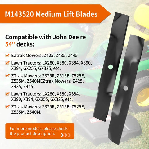 Mower Blades 19 Inch High Lift Replacement 3 Pack For John Deere 54 Inch Deck Models Z445 Z425 Z435 LX280 X340 displayed on tractor