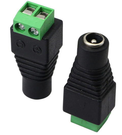Hassle Free Dc 5.5 To 2.1Mm Female Barrel Adapter With Secure 2 Pin Screw Terminals For Cctv Cameras And Led Strip Lights 20 Pack. Black with green terminals.