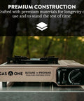 Dual Fuel Camping Stove for Propane or Butane with Piezo Ignition, showcasing premium construction in outdoor setting