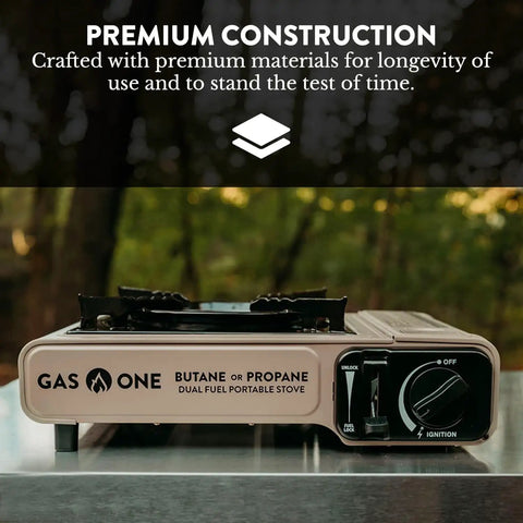Dual Fuel Camping Stove for Propane or Butane with Piezo Ignition, showcasing premium construction in outdoor setting