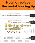 110 Piece Wood Burning Kit With Pro Wood Burning Pen showing how to replace metal burning tip with various attachments