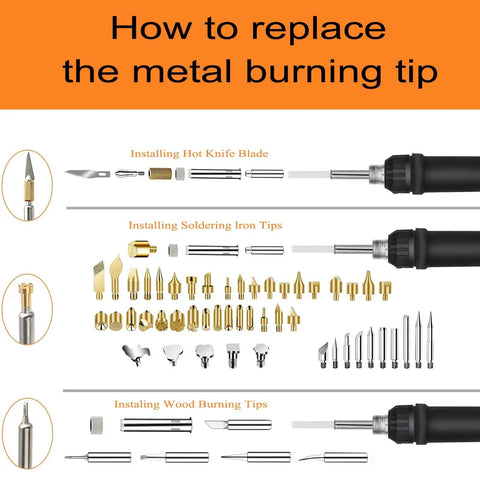 110 Piece Wood Burning Kit With Pro Wood Burning Pen showing how to replace metal burning tip with various attachments