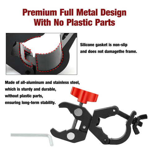 Beefed-Up U Lock Holder Clamp for Heavy Duty Bike Locks with silicone gasket, all-metal design, and tool, showing close-up details.