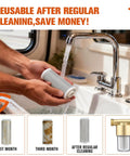 Reusable Brass Sediment Water Filter For Washer And More, 40 Micron Inline Filter shown cleaned under sink faucet