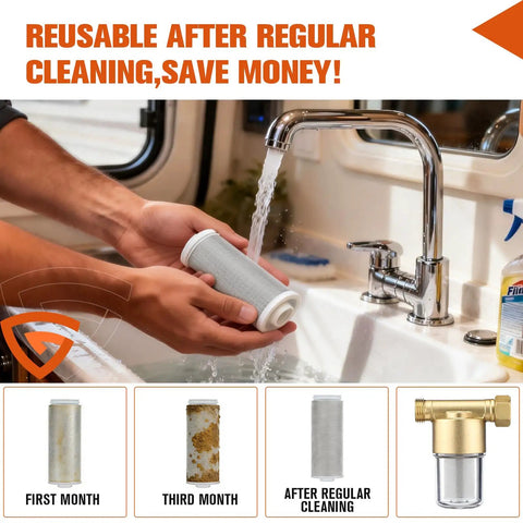 Reusable Brass Sediment Water Filter For Washer And More, 40 Micron Inline Filter shown cleaned under sink faucet