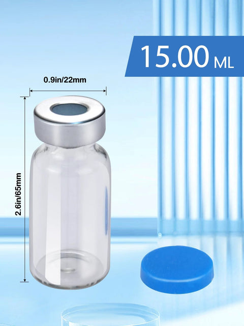 Front view of a 15 ml clear glass vial with a metal crimp cap and a blue cap beside it; sterile empty.