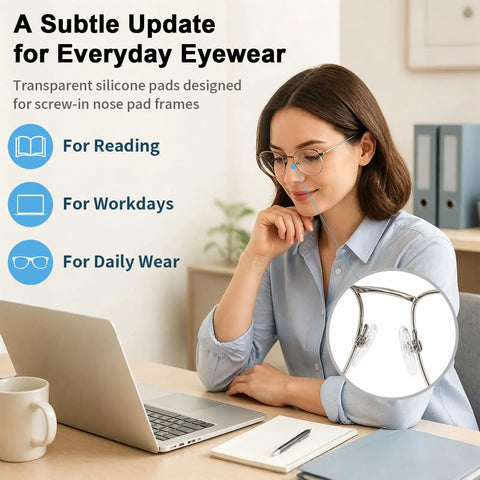 Hella Comfy Universal Silicone Nose Pads For Glasses 12 Pairs With Anti Slip Air Cushions And Micro Screwdriver Kit in use with a laptop.