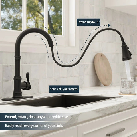 Solid Brass Kitchen Faucet With Pull Down Sprayer High Arc Single Handle in farmhouse sink extending 18 inches