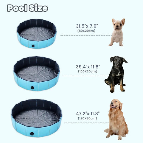 Foldable Dog Pool For No Fuss Setup And Quick Drain, Portable Heavy Duty Pet Bath Tub For Small Dogs And Cats in three sizes with dogs