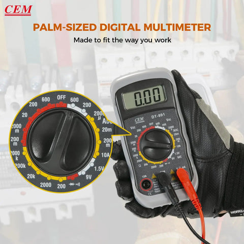 Gloved hand holding Versatile Digital Multimeter 600 Volt AC DC Voltage Meter With Backlit LCD Display 10 Amp DC Current 40 Meg Ohm Resistance Audible Continuity Diode And Battery Test Leads Included Durable Portable Tool With Holster Case.
