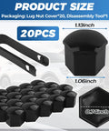 19mm Black Lug Nut Covers Set With Removal Tool 20 Pieces Hex Nut Caps for Wheel Bolts detailing size and dimensions
