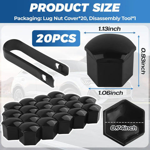 19mm Black Lug Nut Covers Set With Removal Tool 20 Pieces Hex Nut Caps for Wheel Bolts detailing size and dimensions