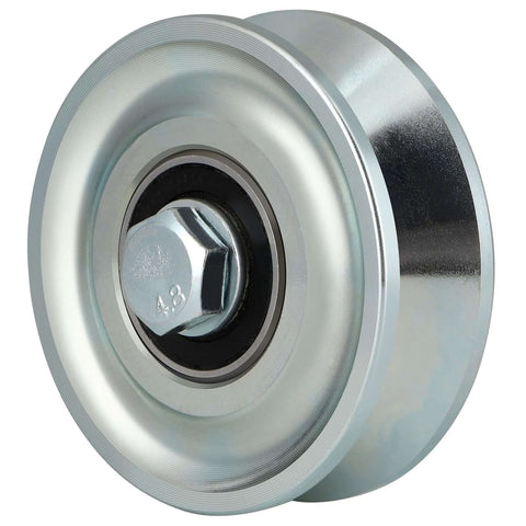 Close-up front view of a 3-inch V-groove gate wheel with bolt and double bearings, steel