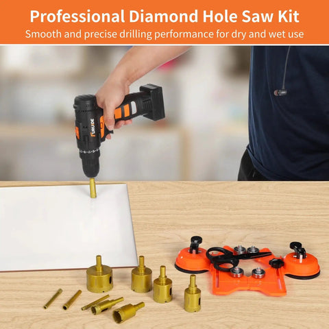 Get These 12 Piece Abrasive Hole Saw Kits With 10 Sizes Drill Bits For Ceramic And Glass. Adjustable Suction Cup Guide Jig Fixture Helps Nail Accurate Holes On Marble, Tile Or Granite. Perfect Wet And Dry Tool To Make Tough DIY Jobs Way Easier Without. Professional diamond hole saw kit drilling ceramic tile with suction cup guide and gold bits