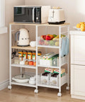 Slick 4 Tier Rolling Kitchen Island Cart With Dreamy White Wood Top And Slatted Metal Storage Shelves Hella Spacious Coffee Bar Cabinet For Dining Room Pantry Office Featuring Smooth Locking Casters And Sturdy Side Hooks displaying organized kitchen items and a microwave.