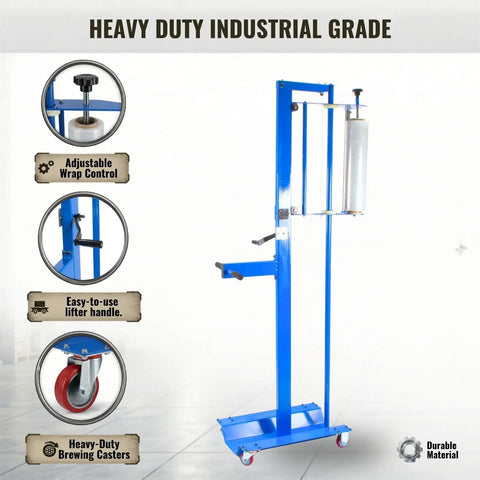 Ergonomic Manual Pallet Wrapper With Adjustable Up To 80 Inch Height For Hassle Free Stretch Film Dispensing image showing adjustable wrap control and caster wheels.