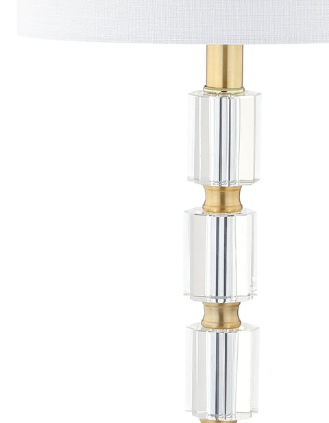 Close-up of 28.5-Inch Clear Crystal Table Lamp with brass accents and white linen drum shade, part of a 2-Pack modern glam set.