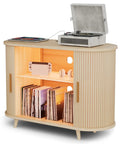 Large Record Player Stand With Power Outlets And Led Lights, Dope Mid Century Modern Media Cabinet For Vinyl Storage Up To 300 Records