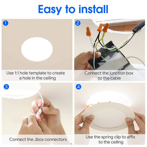 Step-by-step installation of 12 Pack 6 Inch Slim LED Recessed Lights With Junction Box showing wiring and mounting.