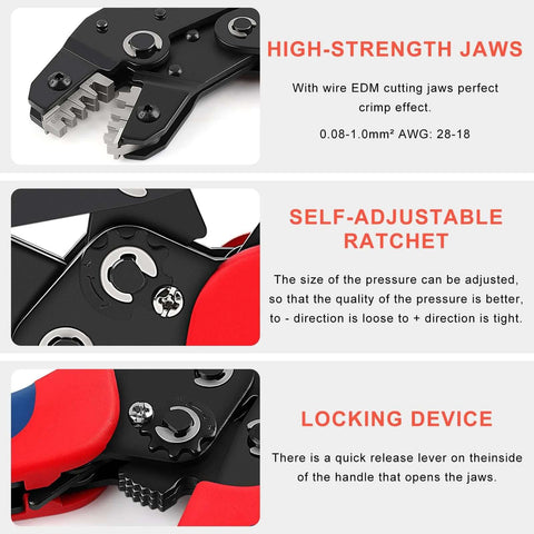 Knoweasy KN-2549 precision crimping tool with ergonomic red handle and ratchet for JST, Molex, Dupont terminals.