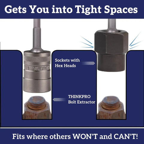 Beefed Up 15 Piece Bolt Extractor Kit with hex heads and THINKPRO sockets for damaged, stripped rusted bolts
