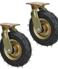 Heavy Duty Rubber Caster Wheels Set With Eight Inch And Ten Inch Options showcasing two sturdy pneumatic wheels with gold metal mounts.