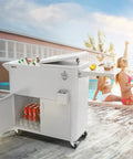 80 Quart Rolling Ice Chest On Wheels For Outdoor Parties by poolside with open storage cabinet and drinks