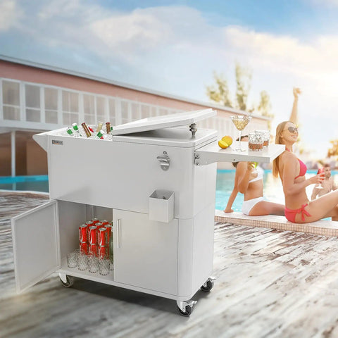 80 Quart Rolling Ice Chest On Wheels For Outdoor Parties by poolside with open storage cabinet and drinks